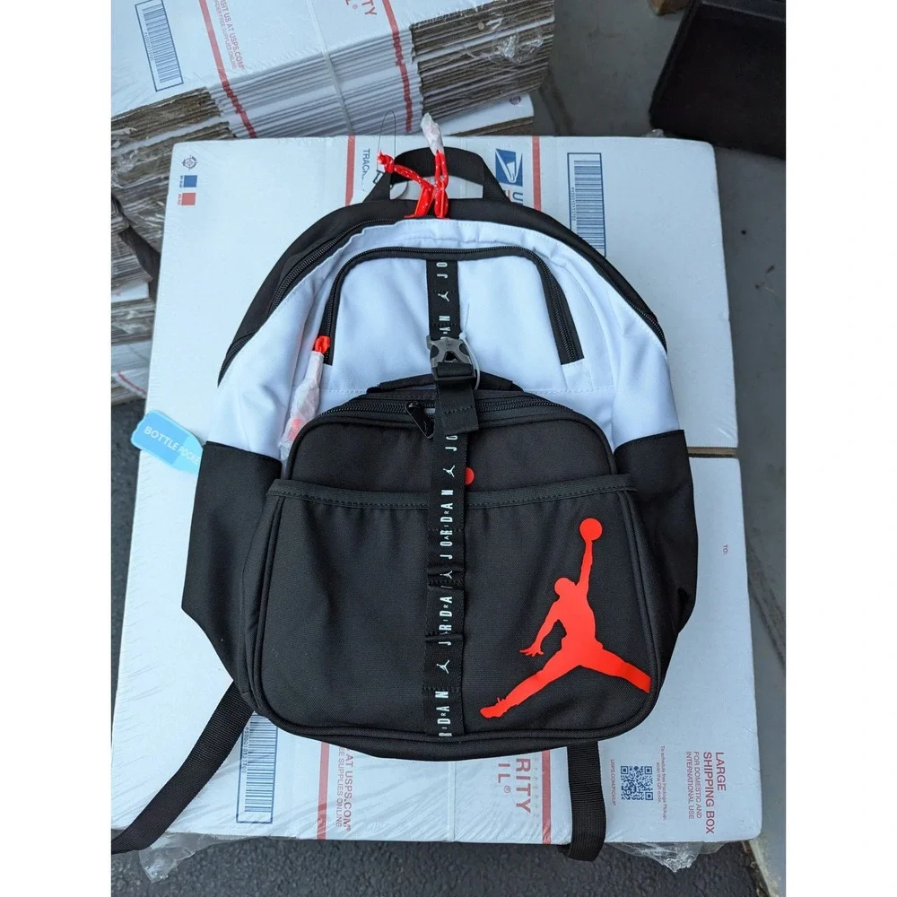 Jordan Kids Backpack Detachable Lunch Box Black White Red Jumpman School Bag